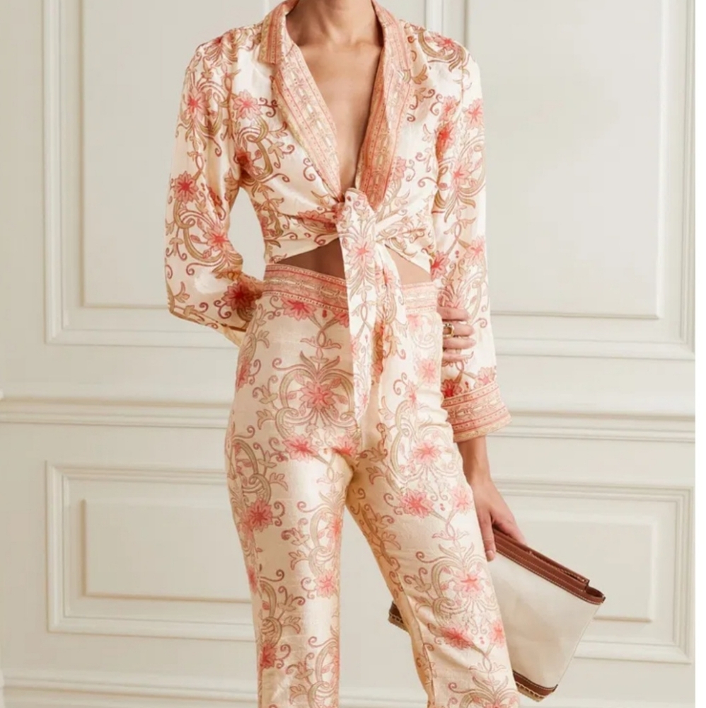 Floral Patterned Blouse with Tie Front 100 % Silk